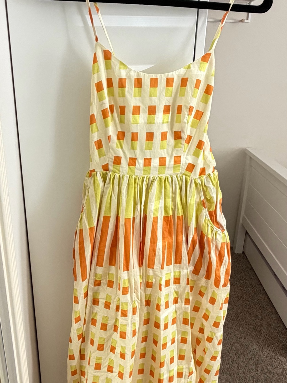 Find Me Now Libra Dress in Orange and Yellow Checkered Print. Size XS